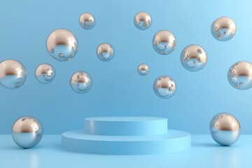 Abstract minimal light blue background with floating metallic spheres and round podium for elegant product display of cosmetics jewelry or fashion accessories