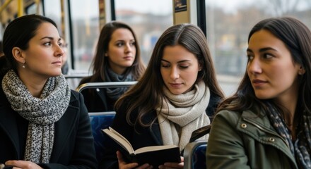 Four young women ride public transit, one engrossed in a book, lost in thought, travelling together.