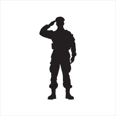 Soldier Salute vector silhouette, saluting male army soldiers white Background, black and white, military salute figure, soldiers saluting in uniform silhouette