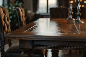 Elegant wooden dining table with detailed craftsmanship and candles in a cozy interior setting