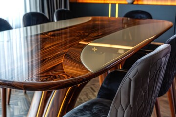 Elegant dining table made of dark wood with a glossy finish and modern upholstered chairs in a stylish indoor setting