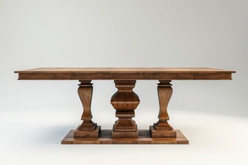 A wooden dining table with ornate legs displayed against a neutral background