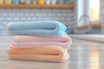 Soft, freshly folded towels stacked on a kitchen counter in a sunlit room