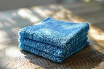 Blue towels neatly stacked on a wooden table with soft sunlight casting shadows