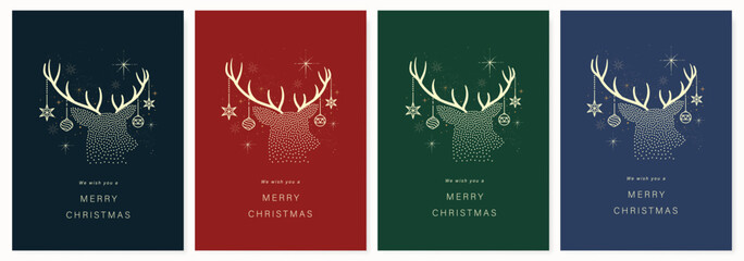 Naklejka premium Christmas and Happy Holidays invitation card design vector. Minimal Happy New Year , Reindeer, bauble ball on red, green and navy blue background. Design for Season's Greeting, Christmas, cover.