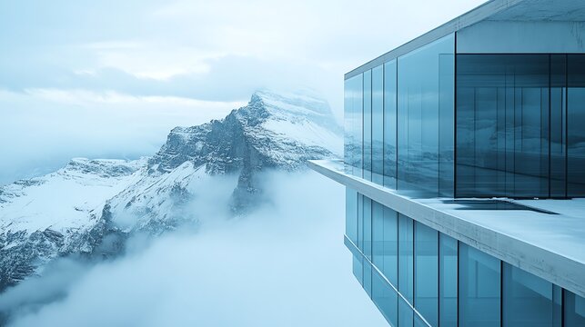 Modern Glass Building Over Snowy Mountain Peak with Cloud Cover