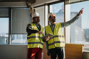 Construction workers wearing safety vests and helmets inspecting a site indoors, one holding a...