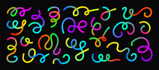 Neon Rainbow wavy lines. Bright 3d effect waves. Curve and dynamic scribble. Abstract Squiggle pack. Colorful gradient fluid shapes set