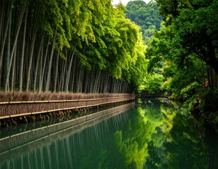 Lush bamboo forest reflecting on a calm waterway