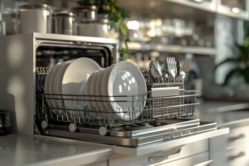 Clean plates and utensils drying in a modern kitchen dishwasher during daylight