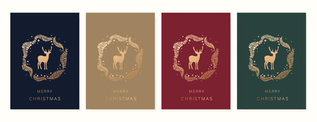 Fototapeta premium Christmas and Happy Holidays invitation card design vector. Minimal Happy New Year , Reindeer, leaves on red, green, brown and navy blue background. Design for Season's Greeting, Christmas, cover.