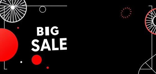 Big red circle sale banner with white geometric Memphis style elements on black background, sale,  template