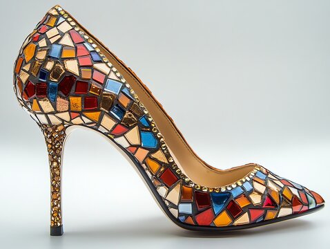 Colorful Mosaic High Heel Shoe with Gold Accents in Elegant Design
