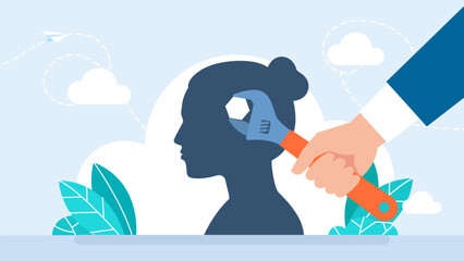 Man make repair of woman head mind with wrench. Change mindset, entrepreneur holding a wrench to modify gear cogs on a human head as a metaphor for mindset. Vector illustration