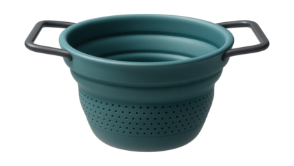 Foldable silicone colander that can be flattened for easy storage in compact apartments.