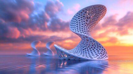 Futuristic Twisted Sculptures with Perforated Surface in Sunset Over Water