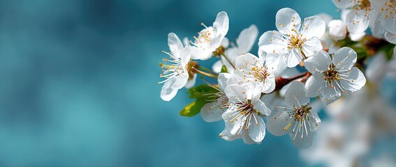 Delicate white blossoms on a branch against a soft teal backdrop, bathed in sunlight