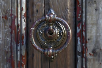 Antique door knocker on weathered wooden door with peeling paint
