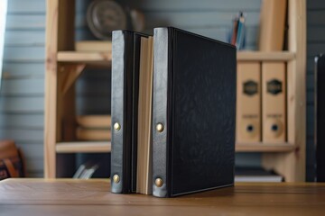 Two black binders resting on a wooden table in a cozy home office setting with shelves in the background