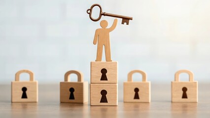 One wooden figure holding a key above locked blocks — unlocking potential and leadership power
