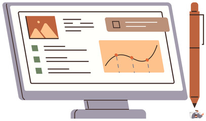 Computer screen showing analytics graph, checklist, image thumbnail, and notification pop-ups. Pen beside the monitor. Ideal for office, productivity, data analysis, organization UI design digital © robu_s
