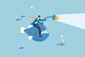 Business discovery, spotlight to guide success direction to find new opportunity, deep dive analysis or leadership challenge way, businessman riding angler fish with spotlight to search for success.