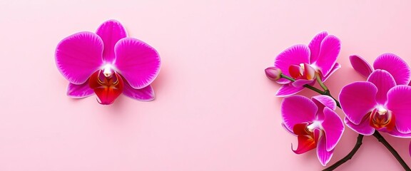 Soft textured paper, pastel pink backdrop, vibrant orchids diagonally placed,  composition,  wallpaper