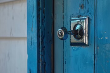 Blue door with vintage knob highlighted under afternoon light