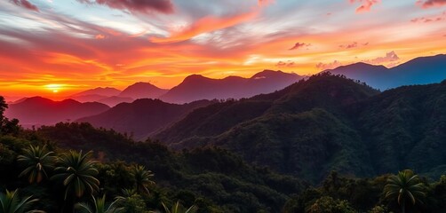 Vibrant jungle sunrise/sunset landscape with lush green mountains and trees , lush, wallpaper