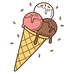 Cartoon illustration of a waffle cone filled with three scoops of ice cream and sprinkles around it