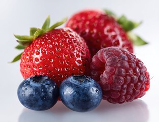 Close-up of vibrant red strawberries, a plump raspberry, and two glistening blueberries, set against a neutral backdrop