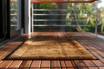 Brown doormat placed on a wooden deck outside a house surrounded by greenery in bright daylight