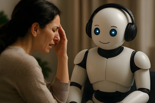 Distressed woman talking with bot