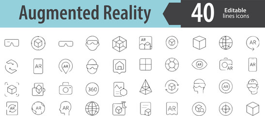 Augmented Reality Line Icons, AR Glasses, Mobile AR App, Virtual Overlay, Smart Object Scan, Real World Integration, Editable Formats: AI, EPS, PNG, Ideal for Both Digital and Print Use
