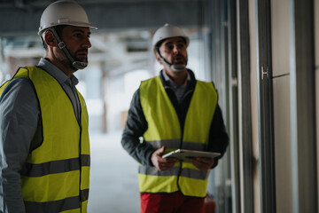 Two construction workers in high-visibility vests and helmets performing a structured inspection of a modern construction site interior.