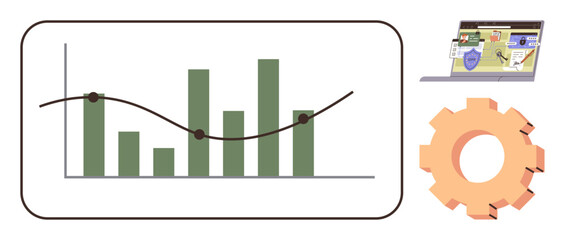 Bar graph with trendline shows metrics analysis, laptop depicts digital tools, cogwheel symbolizes workflows. Ideal for data analysis, business strategy, operations, forecasting, technology