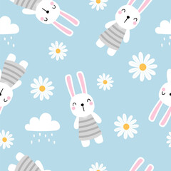 Seamless pattern with cute rabbit and flower on blue background for your fabric, children textile, nursery decoration, gift wrap paper, kids bedding.
