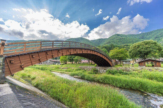 Kisono Ohashi Bridge  Over the Narai river. Made of Cyprus wood in 1991. Located near the Nara-Juku Village, Nagano Prefecture, Japan