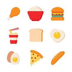 Fast Food and Breakfast Icons – Flat Vector Set of Chicken, Rice Bowl, Burger, Pizza, Noodles, Egg, Bread, Toast, and Bakery Elements for Food Design and Menu Illustration