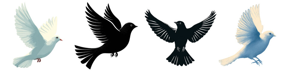 Four stylized doves in flight with open wings isolated on transparent background