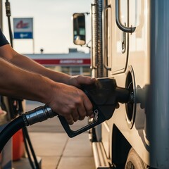 Close-up of hands refueling a truck at a gas station, showcasing detailed textures. Varying lighting, seasons, and global locations add dynamic appeal to this high-quality square image