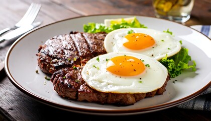 Grilled steak and fried eggs