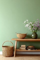 Wooden bench with woven baskets, vase of flowers against a sage green wall.  Books and a small wooden object are on the shelf