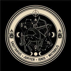 Intricate Sagittarius archer centaur design with cosmic elements. Mystical zodiac vector art for adventure.