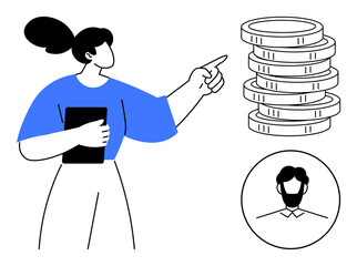 Woman holding tablet, pointing at stacked coins and user profile circle. Ideal for finance, investment, business, management, growth, user-centered strategies and savings-related themes. A simple