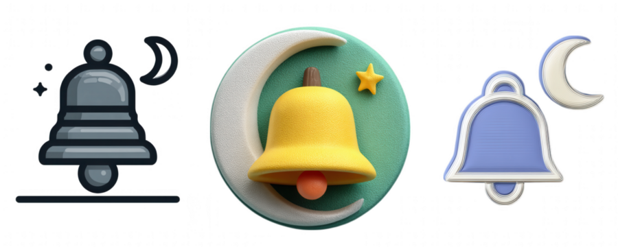 Collection of three stylized bells with celestial elements isolated on transparent background