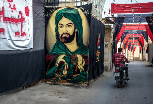 Kashan, Iran - October 18, 2016: Imam Husayn ibn Ali portrait during Muharram month in historic part of Kashan