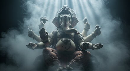 Fototapeta premium Mystical Ganesha: An Enigmatic Statue Shrouded in Smoke and Light