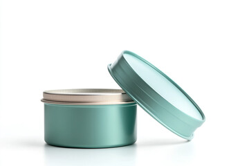 Minimalist teal tin container rests open, perfect for product presentation or design mockups against a clean white backdrop.