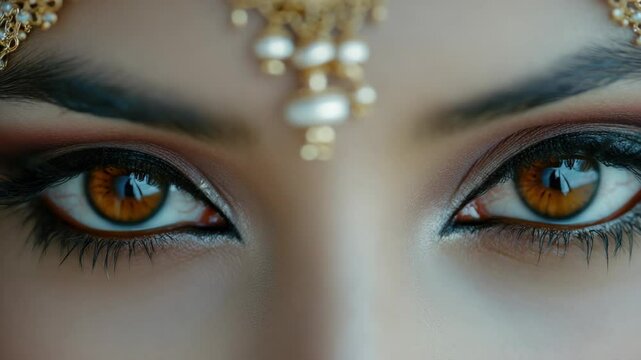 Indian model showcasing traditional mehndi designs on her eyes.
